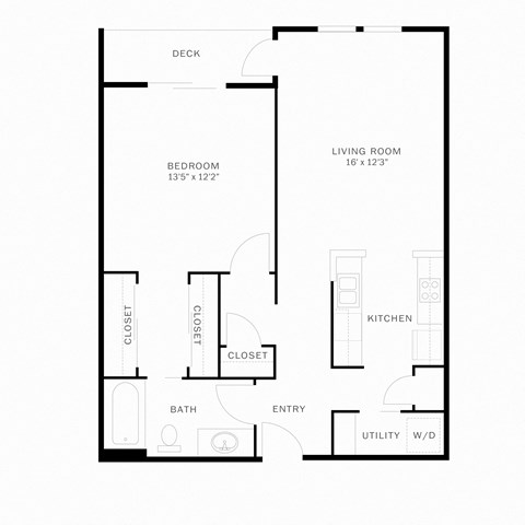 Floor plan for 1 bed, 1 bath, 754 sqft